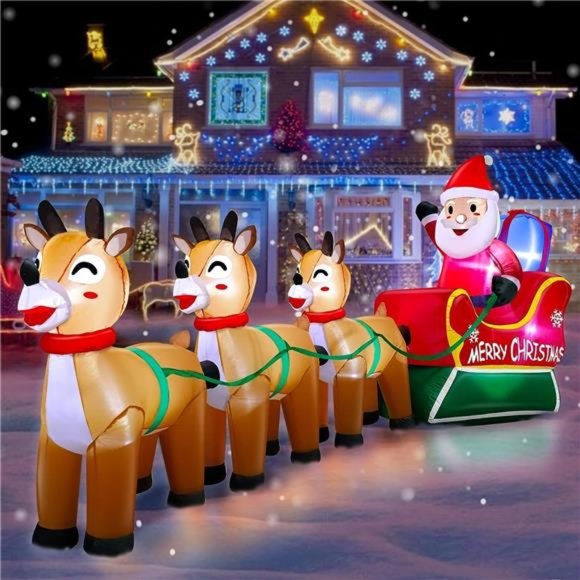 12FT Christmas Inflatables Santa Claus on Sleigh with Reindeer Deer Gift Box